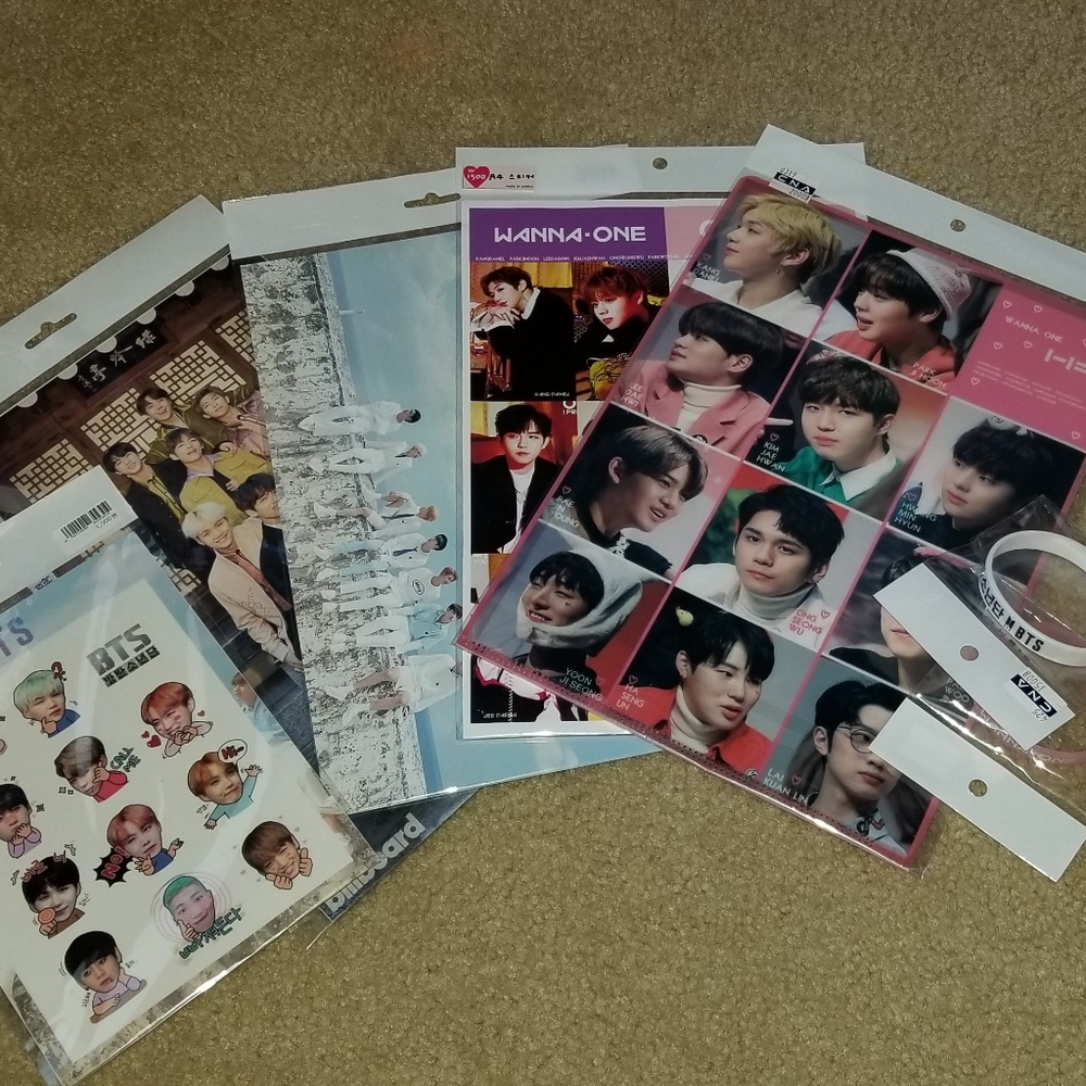 Kpop BTS and WANNA ONE posters, stickers, bracelet